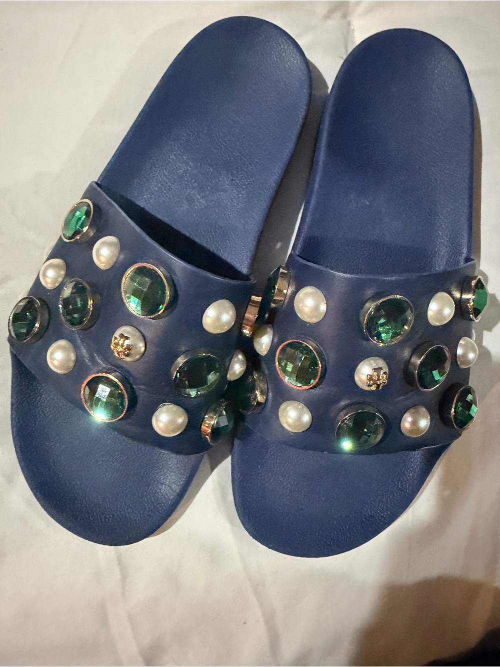 Tory Burch Navy Slide Sandals with Green Gem and Pearl Embellishments